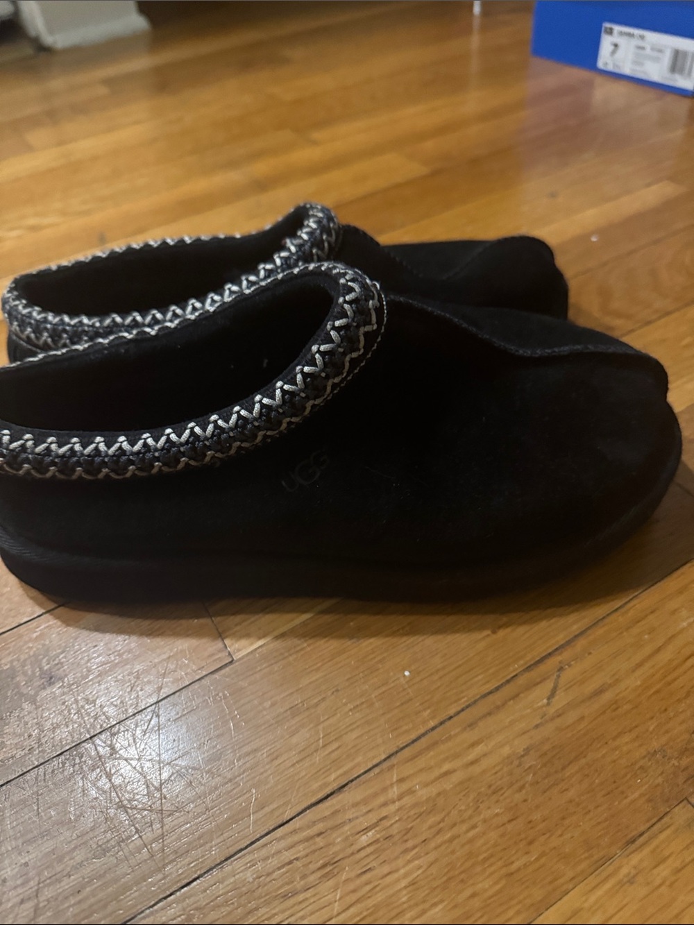 UGG Women’s Tasman Black Suede Slip-On Slippers with Braided Trim
